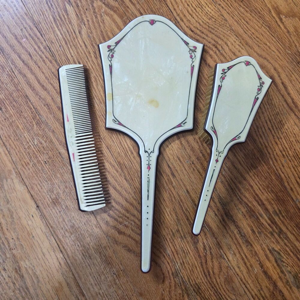 Vintage Art Deco Vanity Set Hand Mirror Hair Brush Comb Pink Black 3 Piece